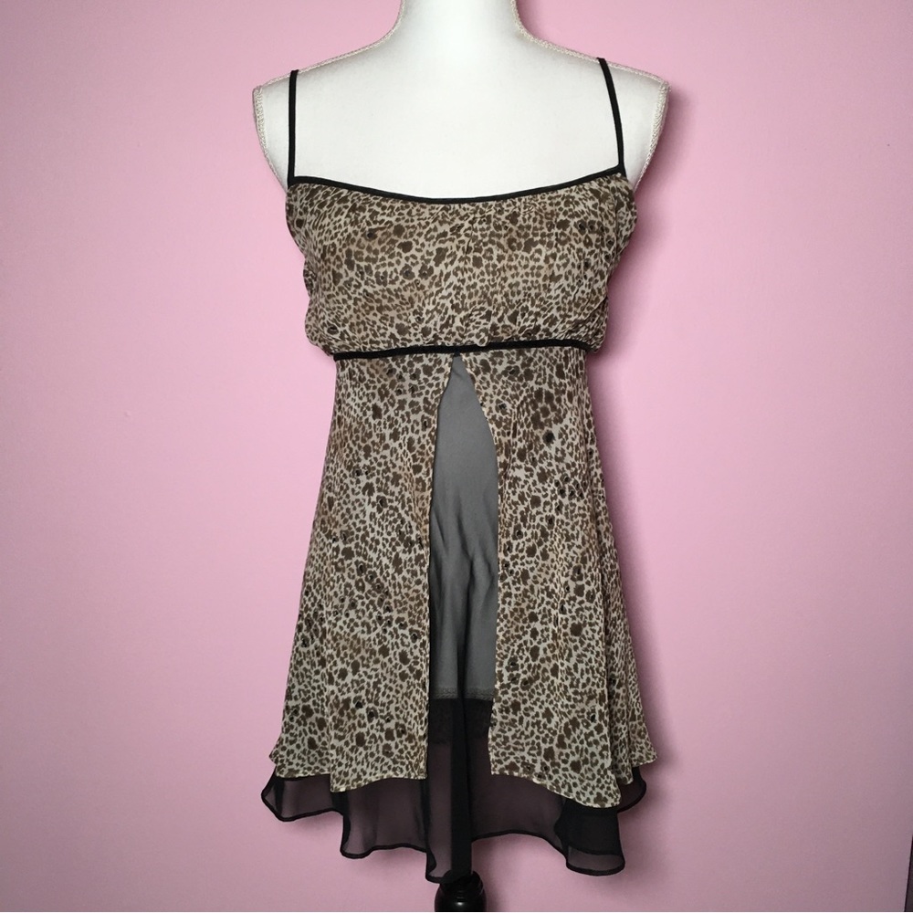 90s Vintage California Dynasty Cheetah Black Sheer Mini Slip Dress Nightie L